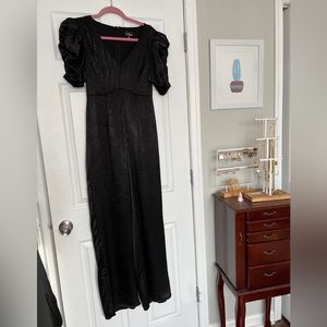 Lulus | Spark My Interest Black Satin Glitter Puff Sleeve Jumpsuit